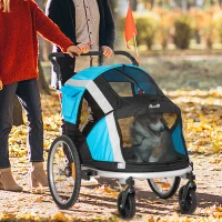 PawHut Reboque de Bicicleta para Cães Dobrável 2 em 1 Carrinho para Cães de Alumínio com Guiador Ajustável Bandeira e 6 Refletores Carga Máxima 40kg 150x82x98cm Azul(m-10)