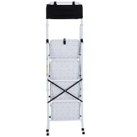 HOMCOM Escabeau pliable 4 marches XL antidérapantes double garde corps hauteur max. 1,55 m charge max. 150 Kg pochette outils intégrée acier blanc noir(m-6)