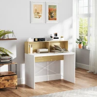 HOMCOM Secretária 110x50x102,6 cm Mesa de Escritório com 2 Compartimentos Abertos e Prateleira Branco e Madeira(m-6)