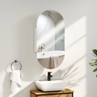 HOMCOM Specchio Bagno Ovale Moderno con Armadietto e Due Ripiani, 45x90 cm, Bianco(m-2)