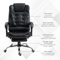 HOMCOM Silla de Escritorio con Reposapiés Silla Ejecutiva Giratoria con Altura Ajustable Tapizada en PU y Reposabrazos Negro(m-7)