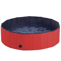 PawHut Foldable Dog Pool for Puppies and Ducks, Thickened PVC Dog Paddling Pool Bath Tub Hard Board, Anti-Slip Bottom and Drainage Hole, 120 x 30cm, Red and Blue(m-10)