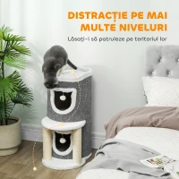 PawHut Arbore pentru Zgâriat, Înălțime de 76 cm, pentru Pisici, cu Căsuțe, Pat, Bile și Stâlpi Acoperiți cu Sisal, Gri(m-4)