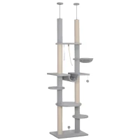 PawHut Arranhador para Gatos do Chão ao Teto 225-255 cm com 7 Níveis Rede Plataformas Postes de Arranhar  Cinza(m-1)