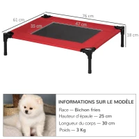 PawHut Lit surélevé pour chiens chats animaux de compagnie tissu oxford textilène micro-perforé 76 x 61 x 18 cm rouge et noir(m-3)