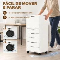HOMCOM Gaveteira de Escritório com 5 Gavetas, Armário com Fecho Suave, Rodas e Suporte para Impressora, Branco(m-5)