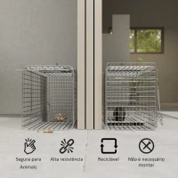 Outsunny Armadilha para Animais Vivos Dobrável 81x26x34,5 cm Gaiola de Captura com Porta e Alça para Coelhos Roedores Prata(m-4)