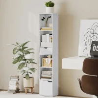 HOMCOM 6-Tier Bookcase, Tall Narrow Bookshelf with Drawer and Door - White(m-2)