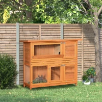 PawHut Conigliera da Esterno in Legno con Casetta e Recinto a 2 Piani, 122x48x100 cm(m-10)