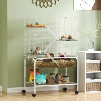 PawHut Gaiola para Pequenos Animais de 4 Níveis com Bandeja Inferior Rodas Rampas Comedouro e Bebedouro 73x47x123 cm Branco(m-10)