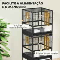 PawHut Gaiola para Pássaros de 2 Níveis com Rodas Painéis Acrílicos Comedouros Prateleira Bandejas Amovíveis  48x46x134,5 cm Preto(m-7)