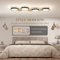 HOMCOM Plafonnier LED 38W, luminaire plafonnier 4 lumières à montage affleurant, télécommande, 100 x 31 x 7 cm, doré et noir(m-4)