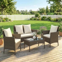Outsunny Conjunto de Jardim em Vime com 4 Peças Inclui Sofá de 2 Lugares 2 Cadeiras Mesa de Vidro e Almofadas Laváveis Castanho(m-10)