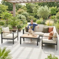 Outsunny 3 Pieces Garden Furniture Set with L-Shaped Sofa, Armchair and Coffee Table, Aluminium Garden Corner Sofa Set(m-10)