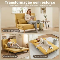 HOMCOM Sofá-Cama de 2 Lugares Dobrável Estofado em Linho com Encosto Ajustável em 5 Posições e 2 Almofadas Amarelo(m-4)