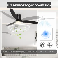 HOMCOM Ventoinha de Teto com Luz 46W Ø132 cm com 3 Lâminas Reversíveis Controlo Remoto 6 Velocidades e Temporizador Preto(m-8)