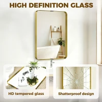 HOMCOM Rectangular Wall Mirror, 90 x 60 cm Wall Mounted Bathroom Mirror w/ Aluminium Alloy Frame and Tempered Glass, Gold Tone(m-5)