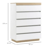 HOMCOM Cassettiera 5 Cassetti Minimal in Legno, 80x40x109 cm, Bianco e color Rovere(m-3)