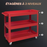 DURHAND Chariot desserte d'atelier acier 3 plateaux sur roulettes avec poignée charge max. 150 kg 83 x 35,3 x 76 cm acier rouge(m-4)