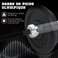 SPORTNOW Barre d'haltères en acier 180 cm Ø50 mm avec 2 pinces Charge 200 kg Barre de musculation pour disques Ø5 cm Fitness(m-4)