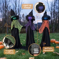 HOMCOM 120cm Witches Holding Hands Halloween Decorations Outdoor Indoor, Scary Halloween Witch Decor with Light-Up Heads(m-5)