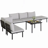 Outsunny Lounge Tuinmeubelset 5-6 Personen Tuinlounge Set met 2-zits Tuinbank, 2 Stoelen, Hoekstoel, Lamellen-tafel, Voetenbank(m-15)