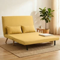 HOMCOM Sofá-Cama de 2 Lugares Dobrável Estofado em Linho com Encosto Ajustável em 5 Posições e 2 Almofadas Amarelo(m-2)
