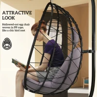 Outsunny Hanging Egg Chair Outdoor Indoor Garden Swing Chair with Folding Basket, Thickened Cushion, Garden Hanging Chair with Stand, Headrest for Patio, Balcony, Grey(m-6)
