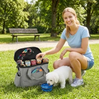 PawHut Dog Travel Bag, Waterproof Walking Bag with Multiple Pockets, Two Food Containers and Collapsible Bowl for Cat Puppy(m-14)