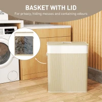 HOMCOM 2 Section Laundry Basket with Lid, 100L Bamboo Laundry Hamper with Handles, Removable and Washable Liner, Cream White(m-5)