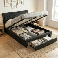 HOMCOM PU Leather King Size Ottoman Bed Frame, with Front Drawer - Black(m-2)