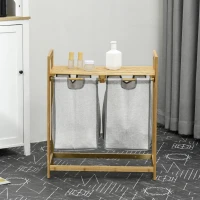 HOMCOM Cesto de Roupa de Bambu Cesto de Roupa Suja com 2 Bolsas Amovíveis e 2 Prateleiras para Casa de Banho 64x33x73 cm Madeira(m-10)