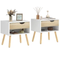 HOMCOM Set de 2 Mesitas de Noche Mesa Auxiliar Mesillas de Noche con Cajón y Estante de Almacenamiento para Dormitorio Salón Cama Oficina Estilo Moderno 50x39x51 cm Blanco y Roble(m-1)