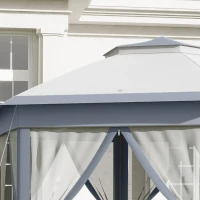 Outsunny Tenda Dobrável 4x3,4 m Tenda de Jardim Hexagonal com Duplo Tecto 6 Mosquiteiras Destacáveis e Saco de Transporte Cinzento(m-7)