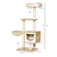 PawHut Tiragraffi per Gatti con 2 Pali, Casetta, Amaca, Lettino e 2 Palline, in Legno, Pile e Sisal, 48x40x126 cm(m-3)