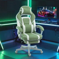 HOMCOM Cadeira Gamer Reclinável com Altura Ajustável Apoio para os Pés Retrátil Suporte Lombar e Almofada de Cabeça Amovível Verde(m-10)