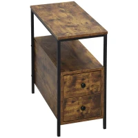HOMCOM Side Table, Narrow Bedside Table with 2 Drawers and Storage Shelf, Industrial End Table with Metal Frame for Small Spaces, Rustic Brown(m-10)