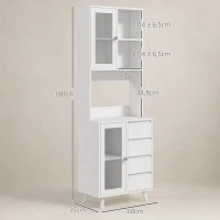 HOMCOM Armário de Cozinha com 2 Armários com Portas de Vidro Temperado 2 Compartimentos Abertos 4 Gavetas e Prateleiras Ajustáveis 60x35x180 cm Branco(m-3)