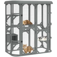 PawHut Catio Outdoor Cat Enclosure,  Wooden Cat House with Platforms, Condo and Waterproof Cover for 2–3 Kittens, Grey(m-13)