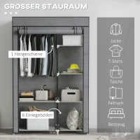 HOMCOM Stoffen Kast, Opbergoplossing, 6 Planken, 1 Kledingstang, Donkergrijs(m-4)