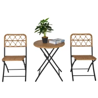 Outsunny Conjunto de Mesa y 2 Sillas Plegables de Ratán con Respaldo para Jardín Terraza Exterior Estructura de Acero Ø60x71 cm y 46x56x83 cm Madera Natural(m-12)