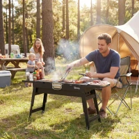 Outsunny Portable BBQ Grill, Foldable Charcoal Grill for Camping and Picnics with 2 Side Shelves and Handle, Black(m-2)