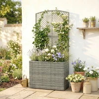 Outsunny Rattan Planter with Trellis, Raised Beds for Garden with Liner for Climbing Plants Vegetables Flowers, Dark Grey(m-14)