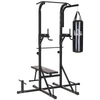HOMCOM Power Tower con Panca e Sacco da Boxe di 20kg, Stazione Multiuso in Acciaio Nero per Allenamento Total Body(m-1)