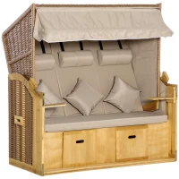 Outsunny strandstoel 3-zits ligbed met dak 2 klaptafels voetenbank chaise longue 5-traps rugleuning XXL polyrotan naturel 150 x 79 x 160 cm(m-1)