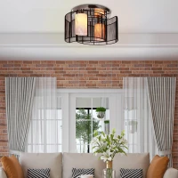 HOMCOM Modern Chandelier, Semi-Flush Mount Ceiling Light with Glass Lampshade, 2 x E27 Bulb Base for Hallway, Dining Room, Living Room, White and Black(m-2)