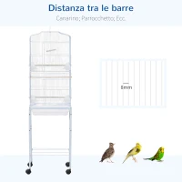 PawHut Gabbia per Uccelli, Voliera in Metallo e Acciaio con Ruote, Trespoli e Ciotole, 46.5x36x157cm, Bianco(m-6)