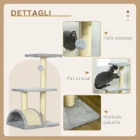 PawHut Albero per Gatti a 3 Livelli con Tiragraffi, Peluche e Sisal, 40x35x72 cm, Grigio Chiaro(m-4)