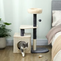 PawHut Albero Tiragraffi per Gatti Alto 92 cm con Casetta, Lettino, Pali in Sisal e Pallina, Bianco Crema(m-2)