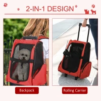 PawHut 2 in 1 Dog Backpack and Trolley, Pet Travel Backpack Cat Dog Carrier with Telescopic Handle, Portable Pet Stroller Wheel Luggage Bag (Red)(m-4)